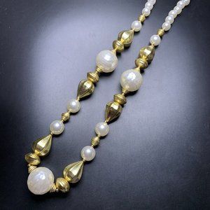 Chunky Faux Pearl Necklace Long Gold Tone Plastic Beaded Classic Glam Vintage
